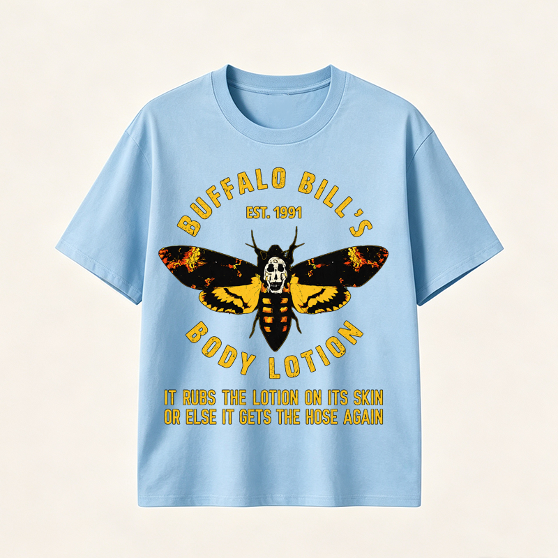 Buffalo Bill’s Body Lotion Horror Movie Parody Graphic T-Shirt for Dark Humor and Thriller Fans