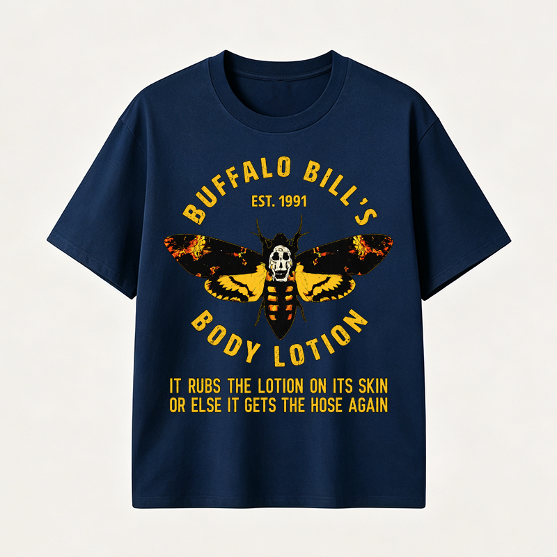 Buffalo Bill’s Body Lotion Horror Movie Parody Graphic T-Shirt for Dark Humor and Thriller Fans