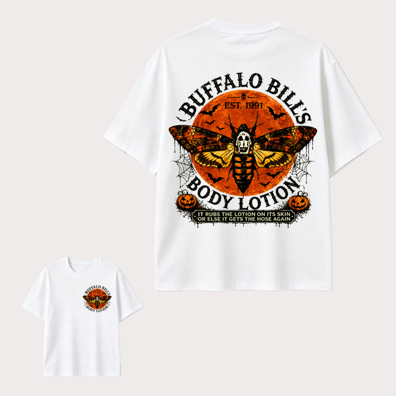 Buffalo Bill’s Body Lotion Horror Moth Graphic Halloween T-Shirt with Vintage Front and Back Print