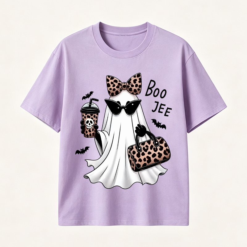 Boo Jee Chic Ghost Halloween T-Shirt with Leopard Print Accessories for Stylish Spooky Season Fans