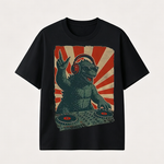 Retro Monster DJ Graphic T-Shirt Featuring a Headphone-Wearing Kaiju Spinning Vinyl Records in Streetwear Style