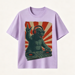Retro Monster DJ Graphic T-Shirt Featuring a Headphone-Wearing Kaiju Spinning Vinyl Records in Streetwear Style