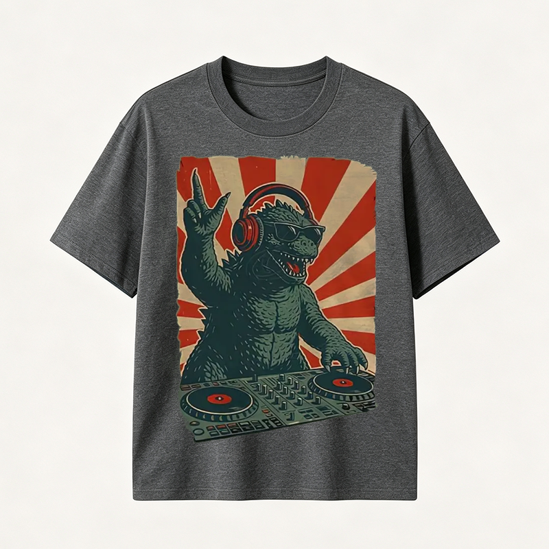 Retro Monster DJ Graphic T-Shirt Featuring a Headphone-Wearing Kaiju Spinning Vinyl Records in Streetwear Style