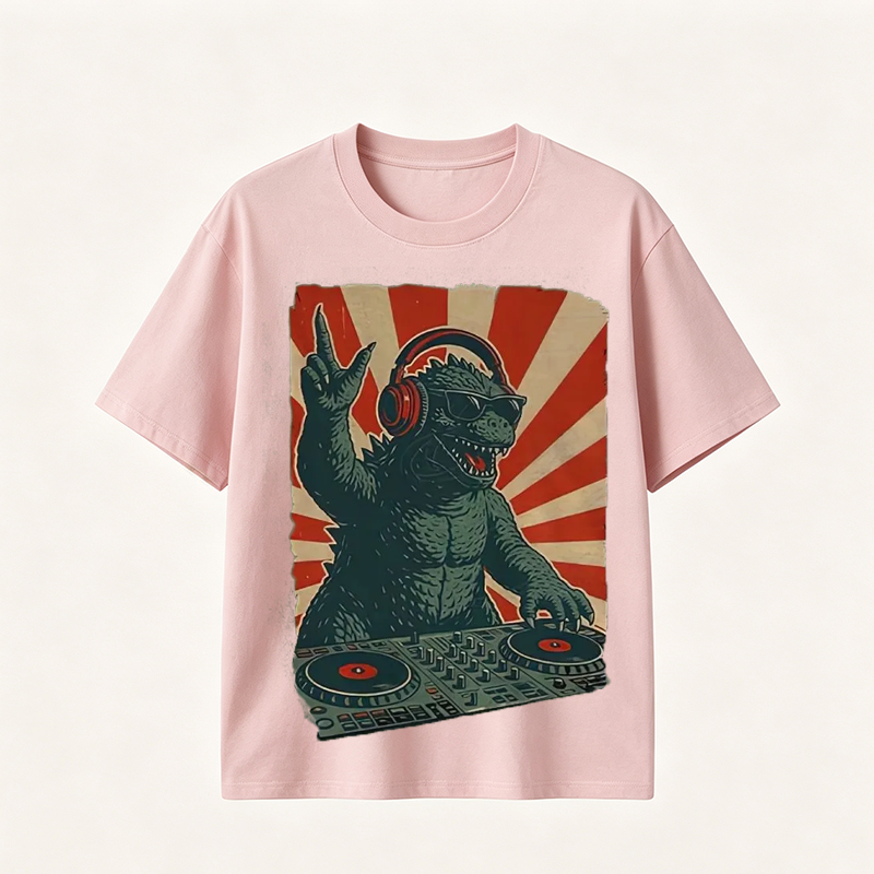 Retro Monster DJ Graphic T-Shirt Featuring a Headphone-Wearing Kaiju Spinning Vinyl Records in Streetwear Style
