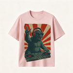 Retro Monster DJ Graphic T-Shirt Featuring a Headphone-Wearing Kaiju Spinning Vinyl Records in Streetwear Style