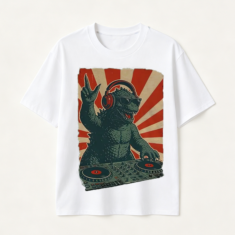 Retro Monster DJ Graphic T-Shirt Featuring a Headphone-Wearing Kaiju Spinning Vinyl Records in Streetwear Style