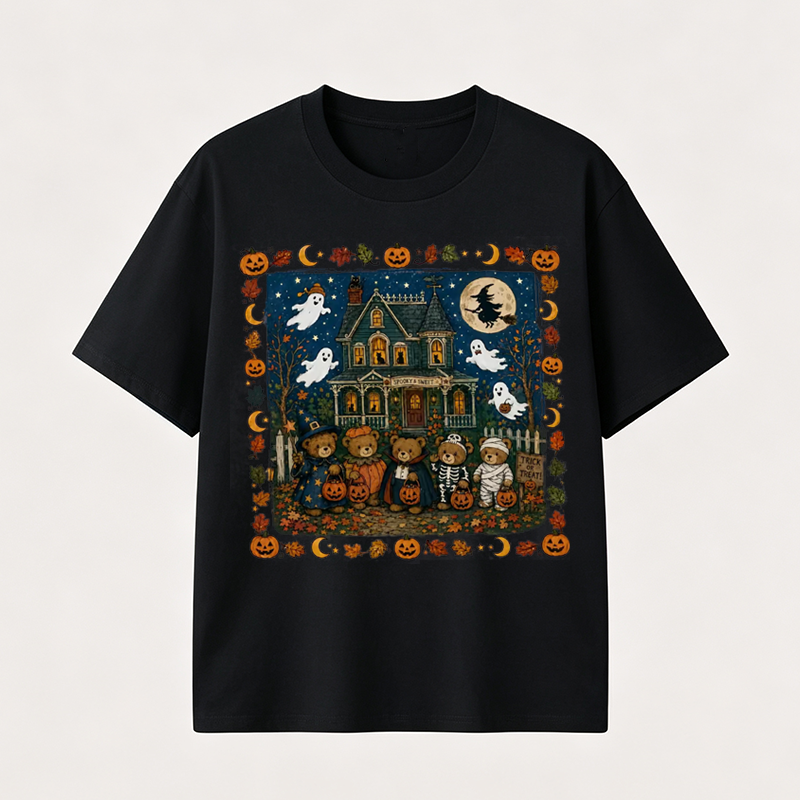 Vintage Halloween T Shirt for Men and Women Featuring Spooky Haunted House, Ghosts and Cute Trick or Treat Design