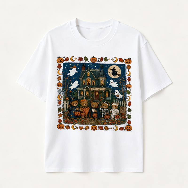 Vintage Halloween T Shirt for Men and Women Featuring Spooky Haunted House, Ghosts and Cute Trick or Treat Design
