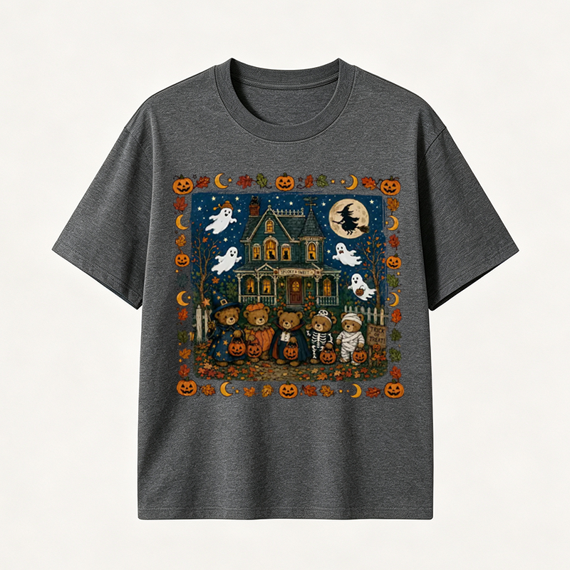 Vintage Halloween T Shirt for Men and Women Featuring Spooky Haunted House, Ghosts and Cute Trick or Treat Design