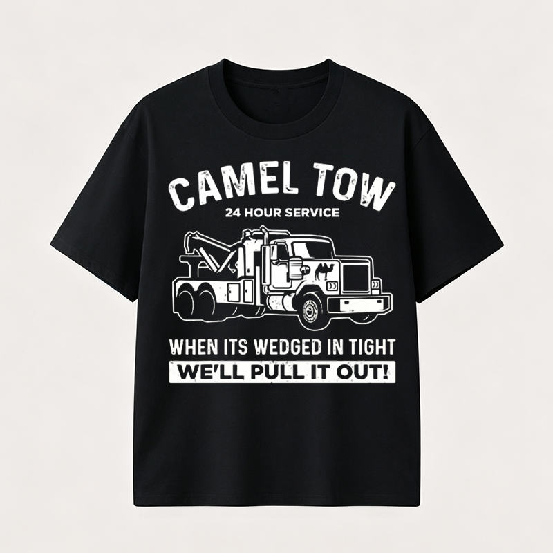 Funny Tow Truck T Shirt for Men Featuring Camel Tow 24 Hour Service Rescue Design and Roadside Humor