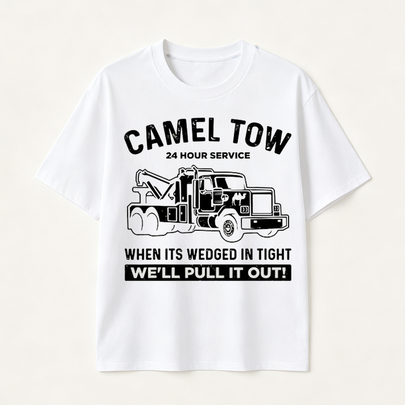 Funny Tow Truck T Shirt for Men Featuring Camel Tow 24 Hour Service Rescue Design and Roadside Humor