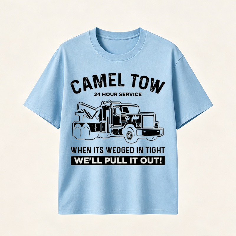 Funny Tow Truck T Shirt for Men Featuring Camel Tow 24 Hour Service Rescue Design and Roadside Humor