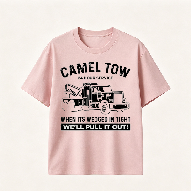 Funny Tow Truck T Shirt for Men Featuring Camel Tow 24 Hour Service Rescue Design and Roadside Humor