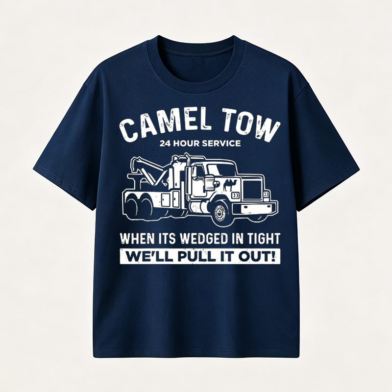 Funny Tow Truck T Shirt for Men Featuring Camel Tow 24 Hour Service Rescue Design and Roadside Humor