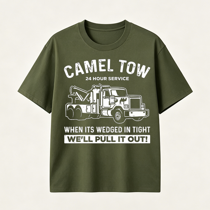 Funny Tow Truck T Shirt for Men Featuring Camel Tow 24 Hour Service Rescue Design and Roadside Humor