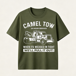Funny Tow Truck T Shirt for Men Featuring Camel Tow 24 Hour Service Rescue Design and Roadside Humor