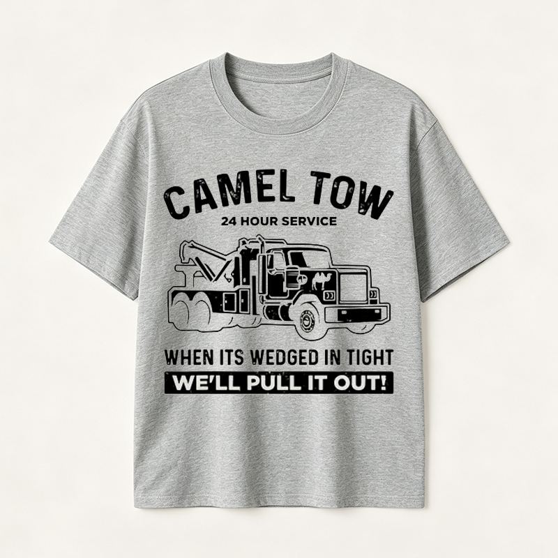 Funny Tow Truck T Shirt for Men Featuring Camel Tow 24 Hour Service Rescue Design and Roadside Humor