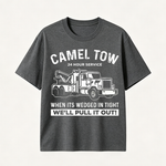 Funny Tow Truck T Shirt for Men Featuring Camel Tow 24 Hour Service Rescue Design and Roadside Humor