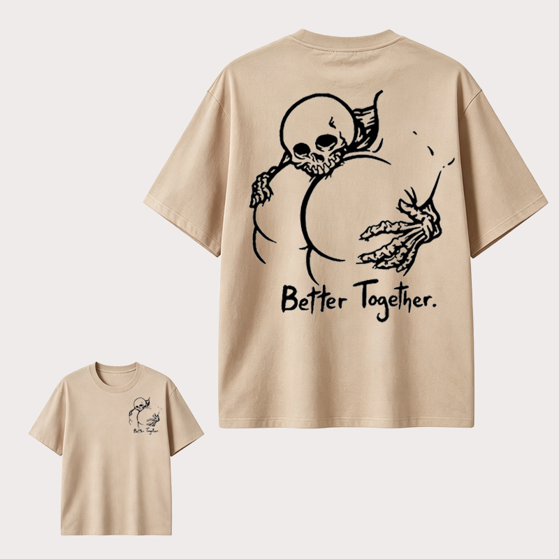Dark Gothic Couple T Shirt Featuring Skeleton Love Design and “Better Together” Romantic Alternative Style