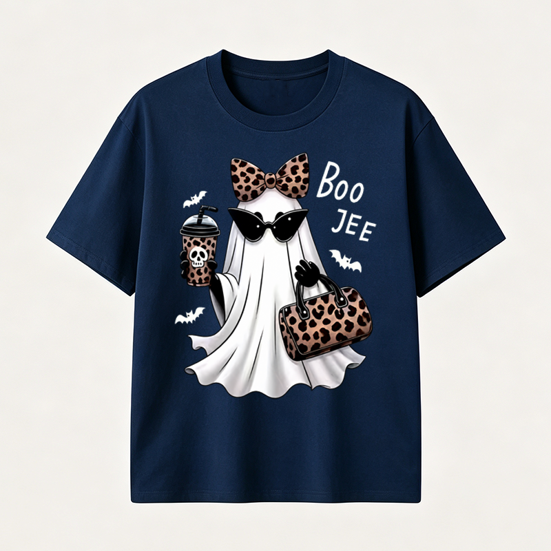 Boo Jee Chic Ghost Halloween T-Shirt with Leopard Print Accessories for Stylish Spooky Season Fans