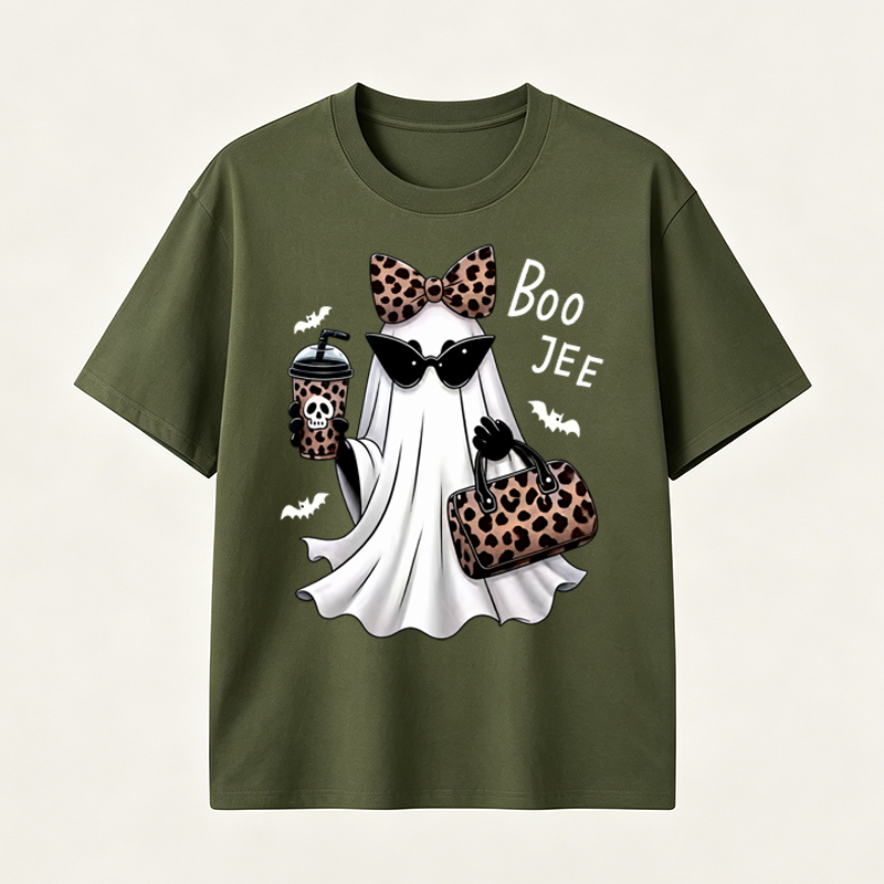 Boo Jee Chic Ghost Halloween T-Shirt with Leopard Print Accessories for Stylish Spooky Season Fans