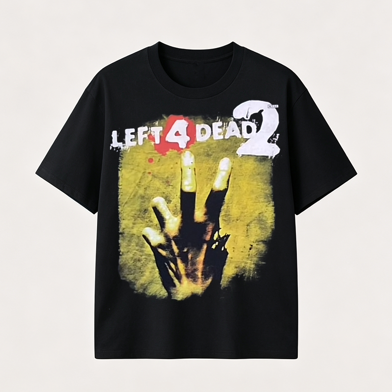 Left 4 Dead Inspired Horror Graphic T-Shirt with Zombie Survival Style and Dark Gaming Aesthetic