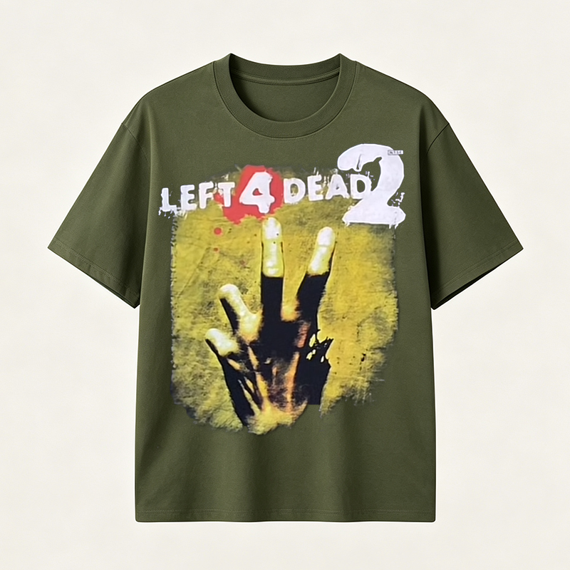 Left 4 Dead Inspired Horror Graphic T-Shirt with Zombie Survival Style and Dark Gaming Aesthetic