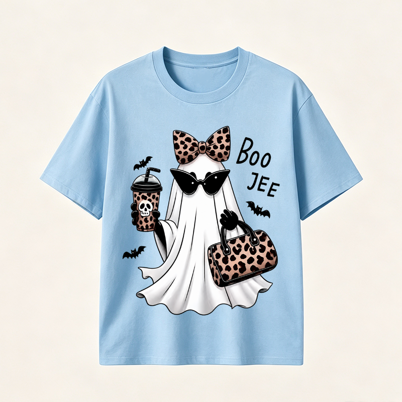 Boo Jee Chic Ghost Halloween T-Shirt with Leopard Print Accessories for Stylish Spooky Season Fans