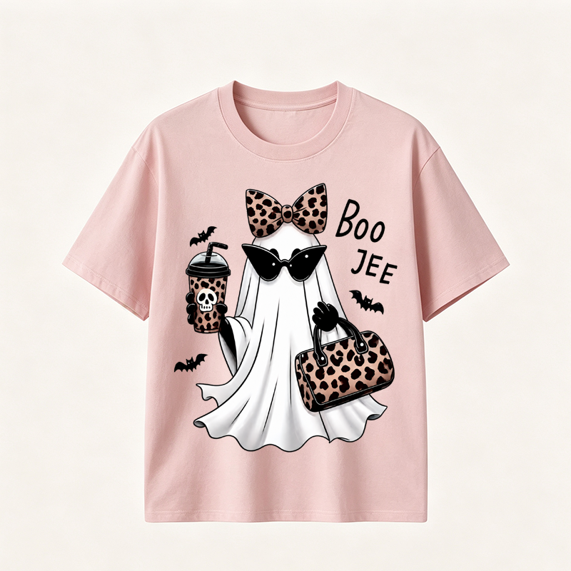 Boo Jee Chic Ghost Halloween T-Shirt with Leopard Print Accessories for Stylish Spooky Season Fans