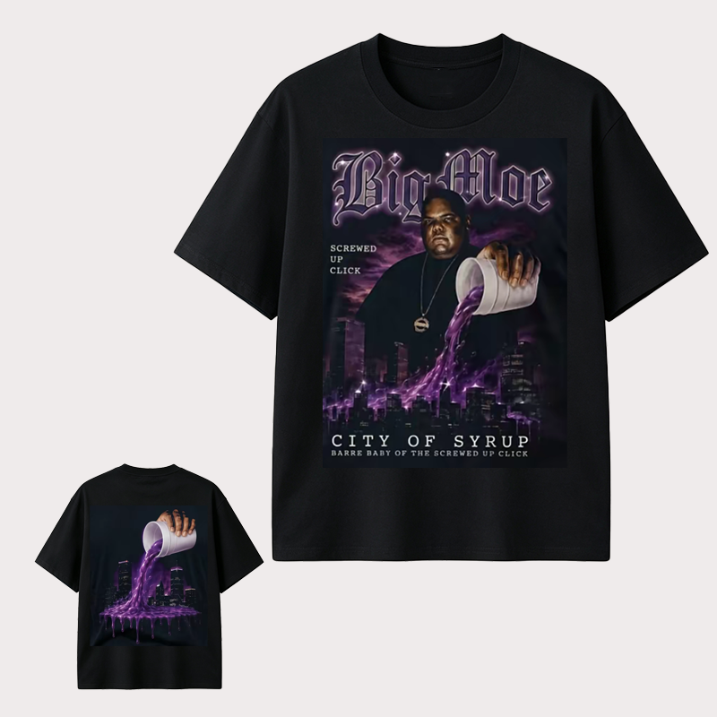 Big Moe Inspired Graphic T-Shirt with Purple Street Art Design and Hip Hop Culture Style