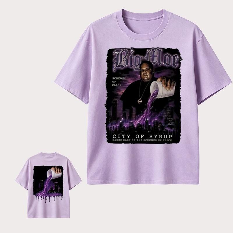 Big Moe Inspired Graphic T-Shirt with Purple Street Art Design and Hip Hop Culture Style