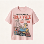 Funny Train Wreck T-Shirt with Retro Locomotive Design and Playful Toot Toot Humor