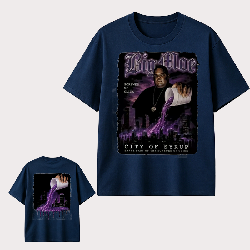 Big Moe Inspired Graphic T-Shirt with Purple Street Art Design and Hip Hop Culture Style
