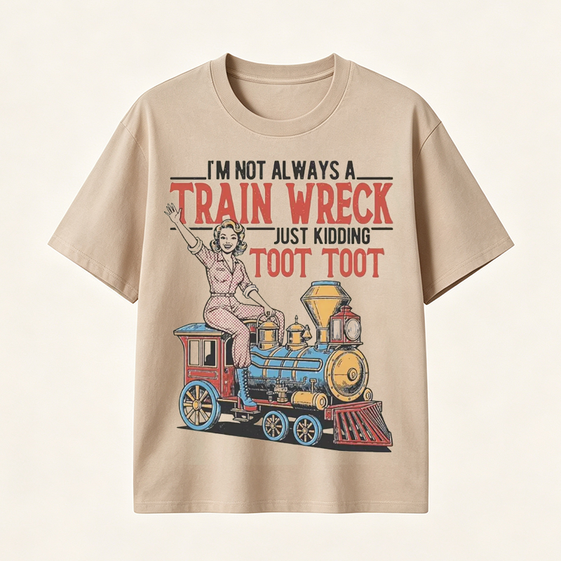 Funny Train Wreck T-Shirt with Retro Locomotive Design and Playful Toot Toot Humor