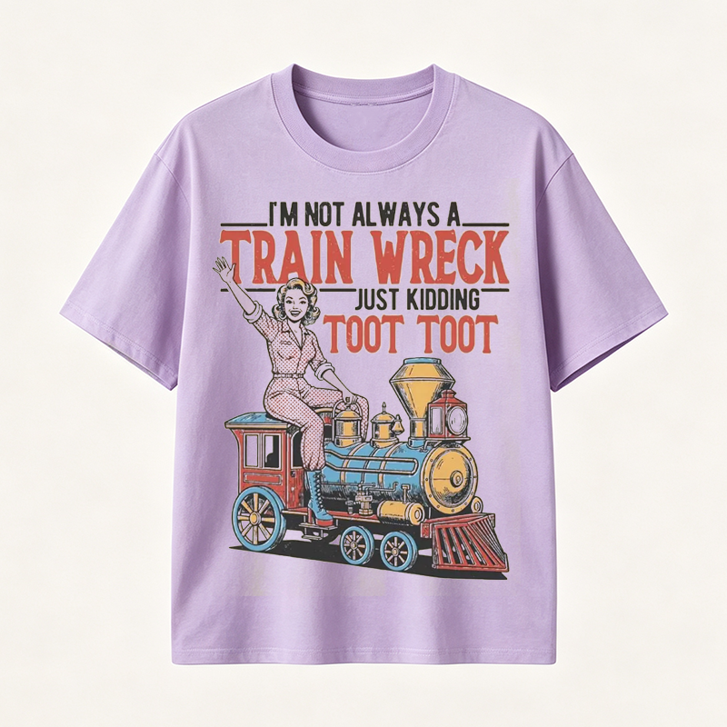 Funny Train Wreck T-Shirt with Retro Locomotive Design and Playful Toot Toot Humor