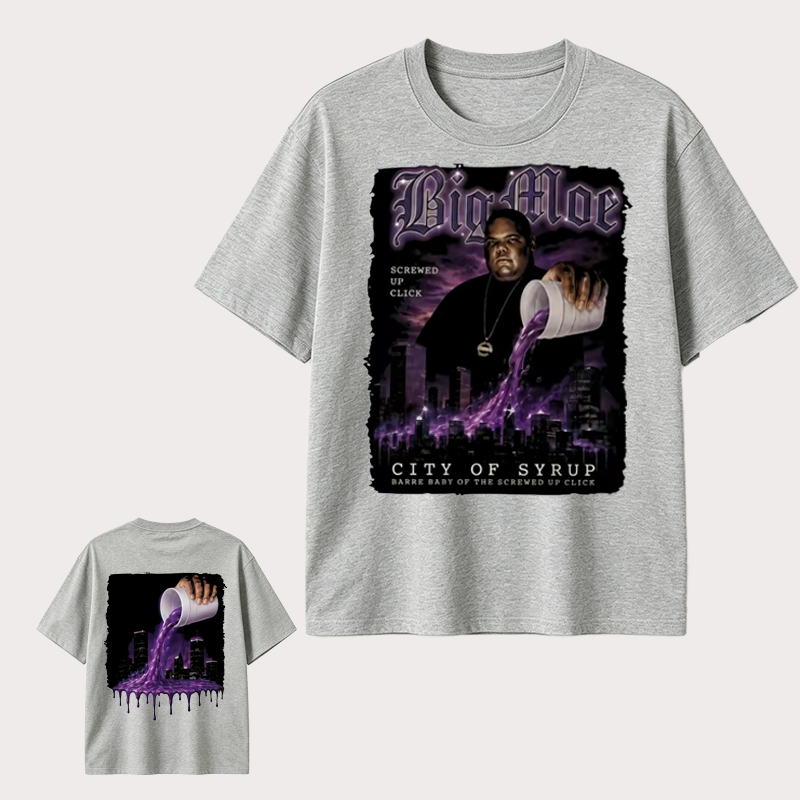 Big Moe Inspired Graphic T-Shirt with Purple Street Art Design and Hip Hop Culture Style
