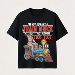 Funny Train Wreck T-Shirt with Retro Locomotive Design and Playful Toot Toot Humor