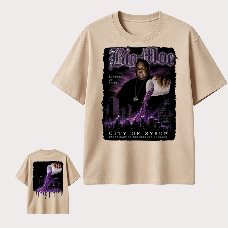 Big Moe Inspired Graphic T-Shirt with Purple Street Art Design and Hip Hop Culture Style