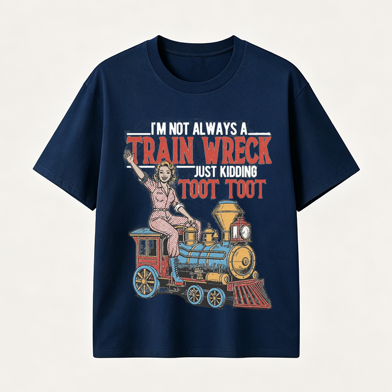 Funny Train Wreck T-Shirt with Retro Locomotive Design and Playful Toot Toot Humor