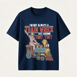 Funny Train Wreck T-Shirt with Retro Locomotive Design and Playful Toot Toot Humor