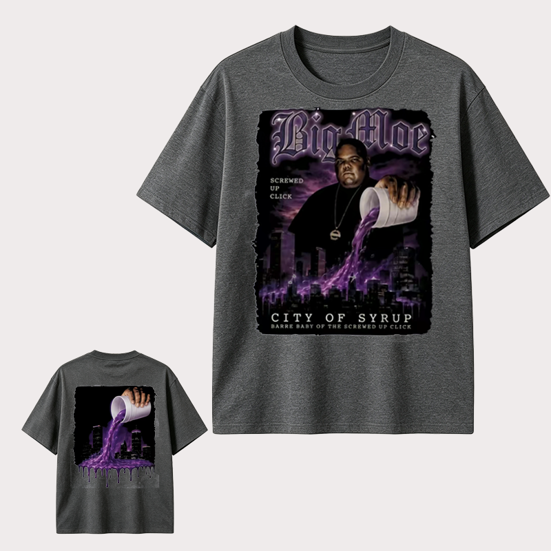 Big Moe Inspired Graphic T-Shirt with Purple Street Art Design and Hip Hop Culture Style