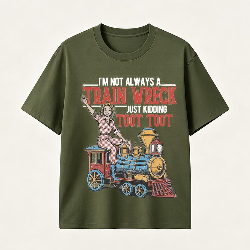 Funny Train Wreck T-Shirt with Retro Locomotive Design and Playful Toot Toot Humor