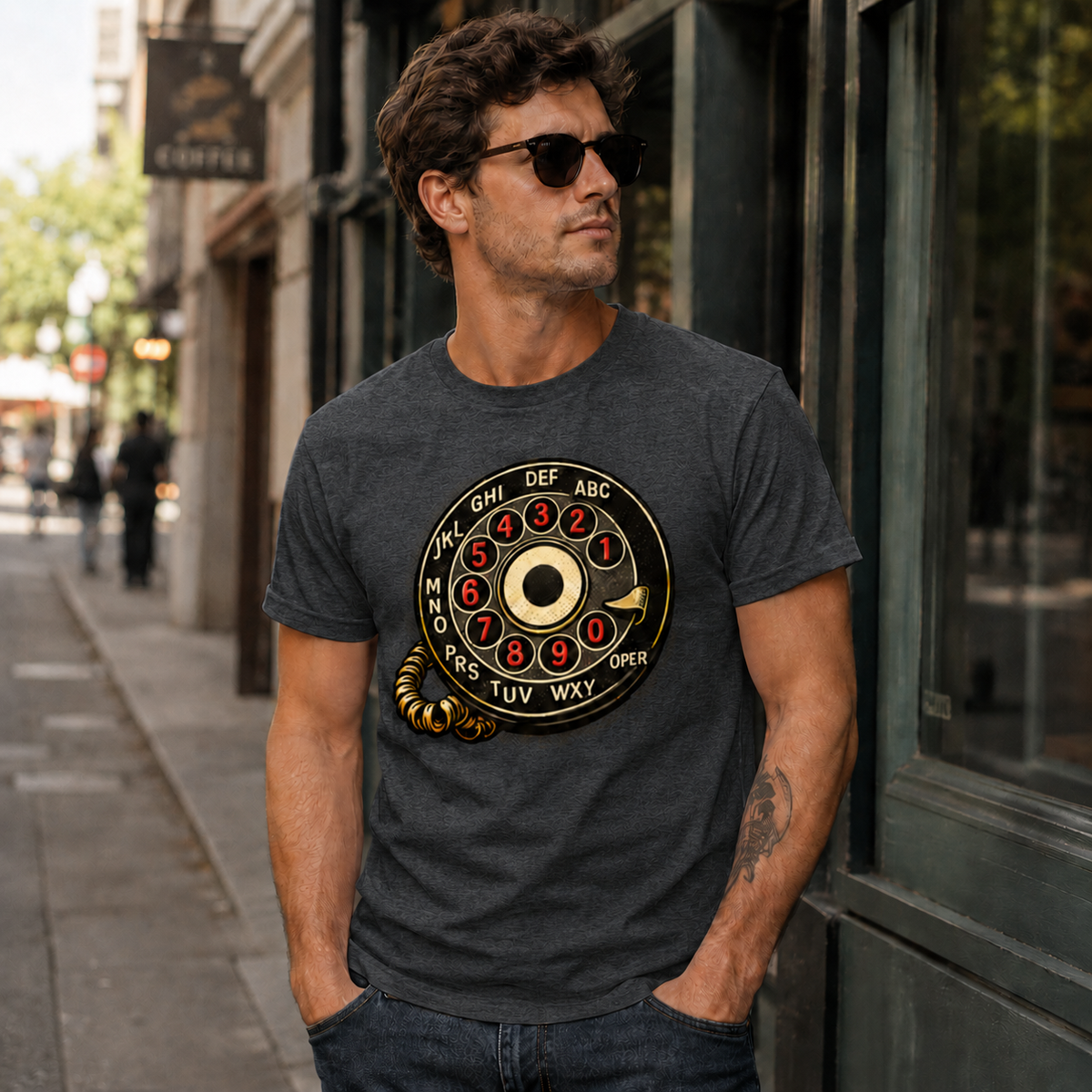Vintage Rotary Phone Dial Pattern T-Shirt--VINT033
