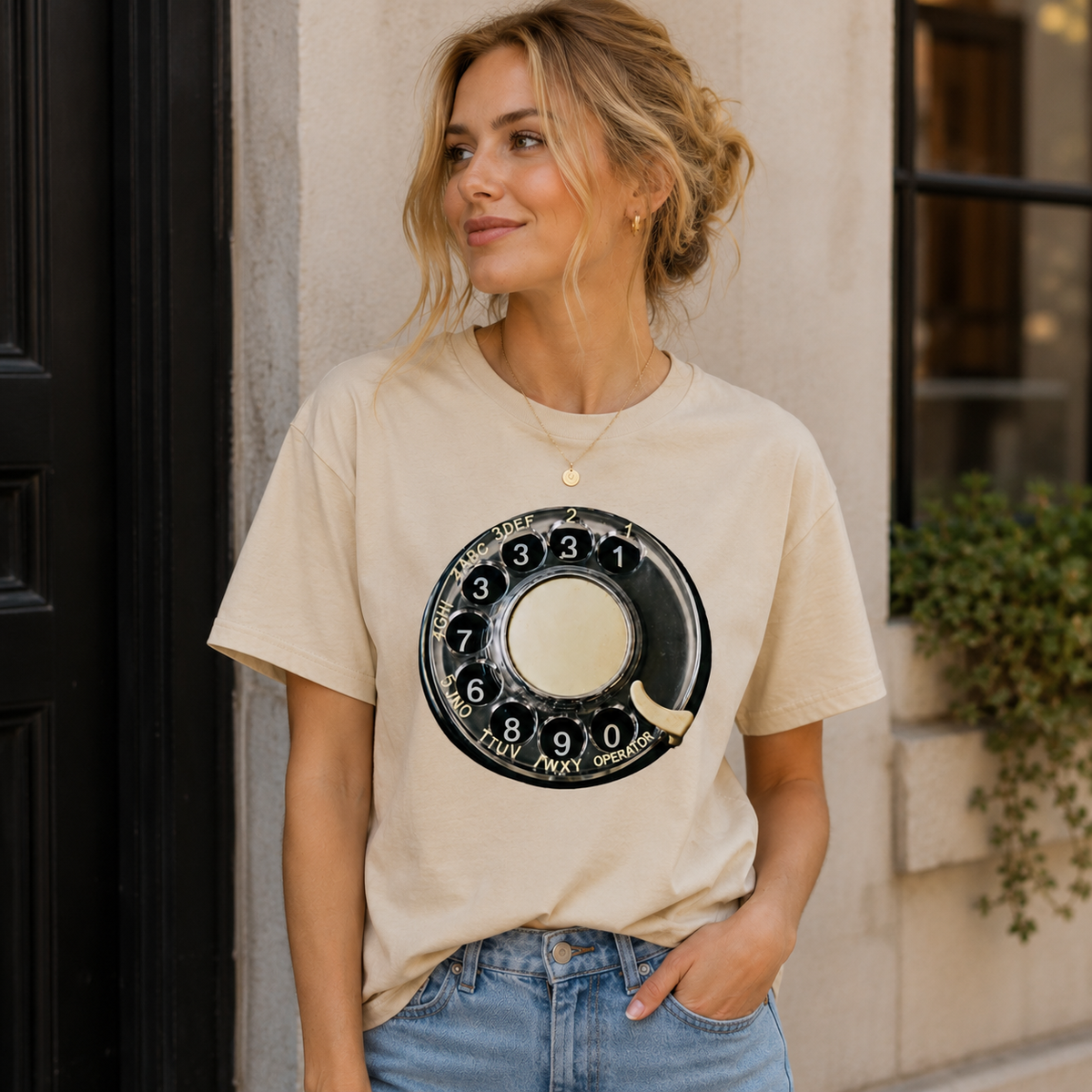 Vintage Rotary Phone Dial Pattern T-Shirt--VINT034
