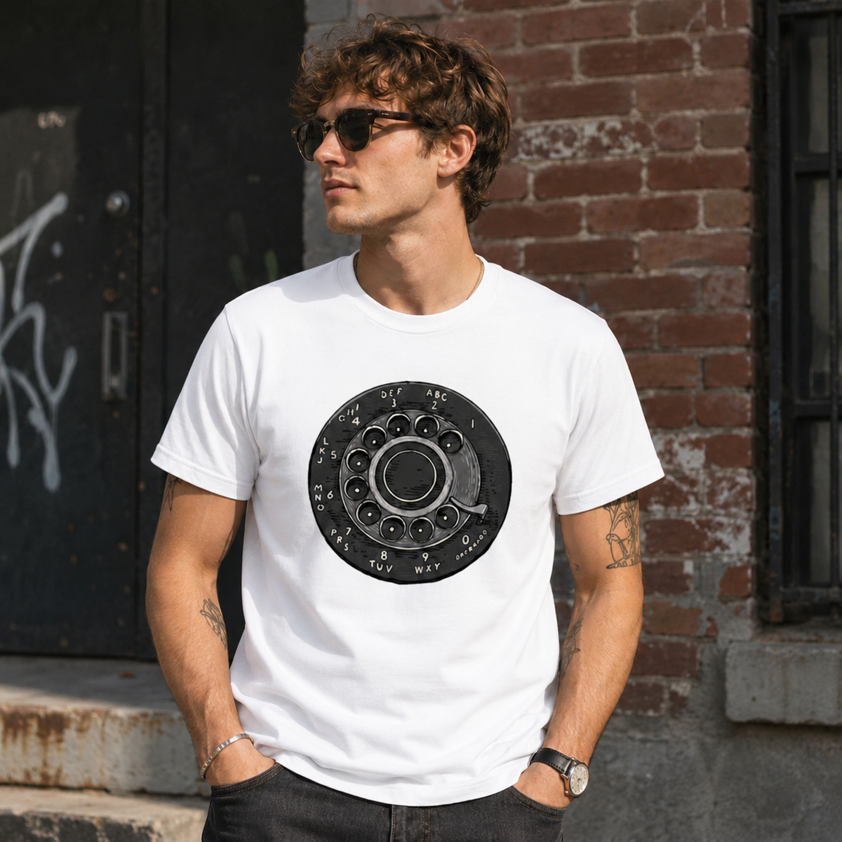 Vintage Rotary Phone Dial Pattern T-Shirt--VINT036