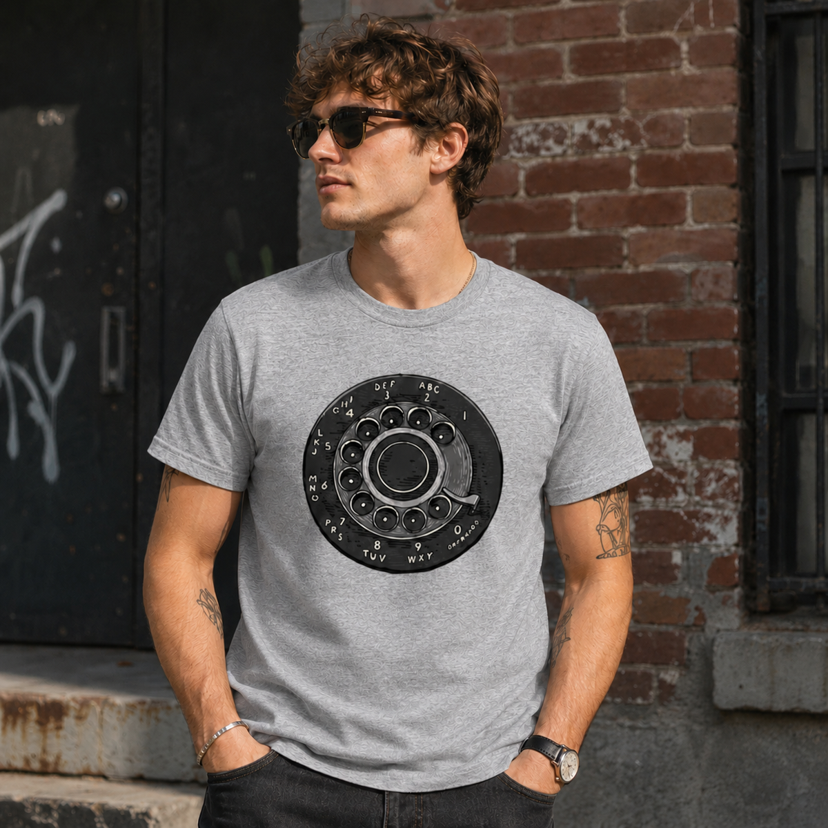 Vintage Rotary Phone Dial Pattern T-Shirt--VINT036