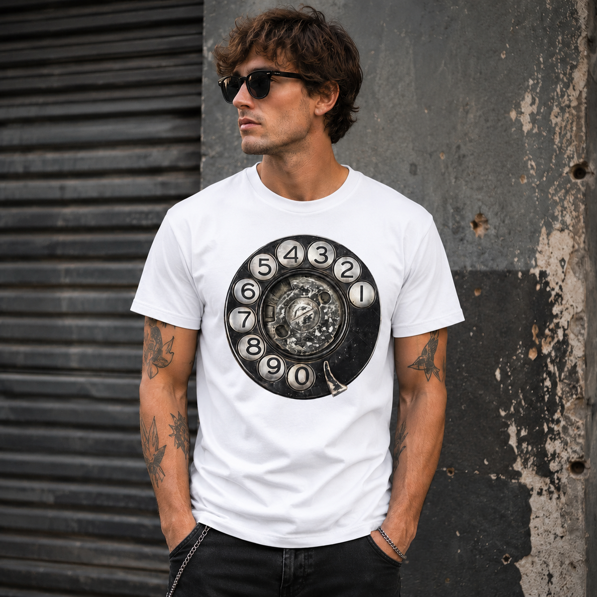 Vintage Rotary Phone Dial Pattern T-Shirt--VINT038