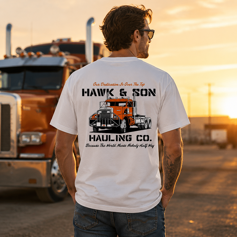 Hawk & Son Hauling Co. Vintage Truck Driver T-Shirt, Classic Heavy Haulage Graphic Tee