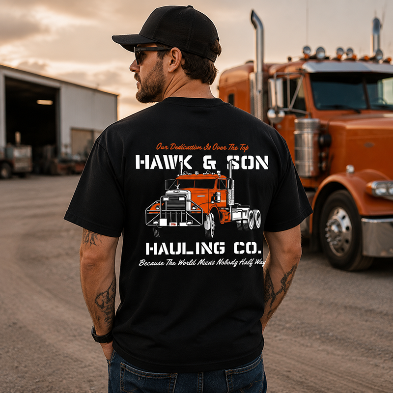 Hawk & Son Hauling Co. Vintage Truck Driver T-Shirt, Classic Heavy Haulage Graphic Tee