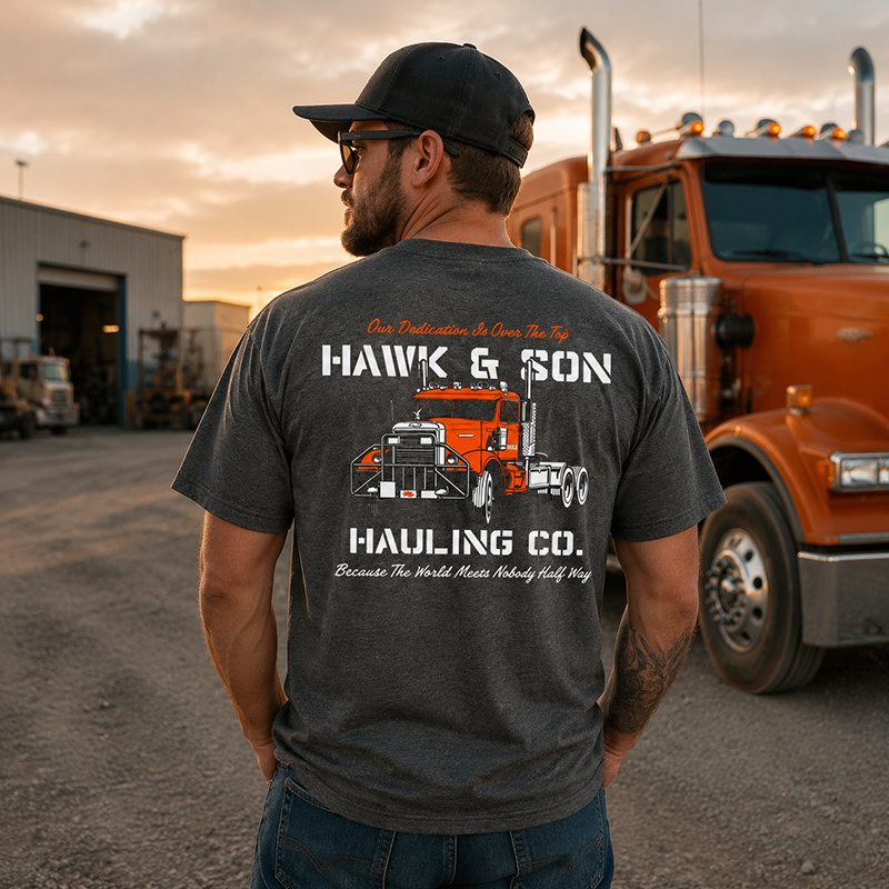 Hawk & Son Hauling Co. Vintage Truck Driver T-Shirt, Classic Heavy Haulage Graphic Tee